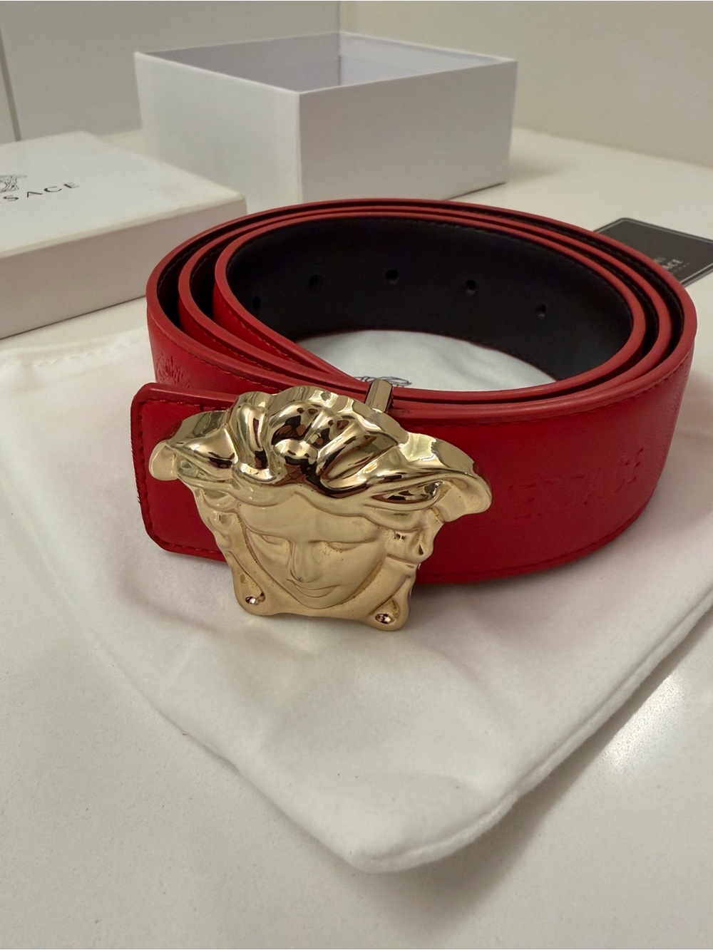 Versace Reversible Medusa Head Belt – Red/Black Leather